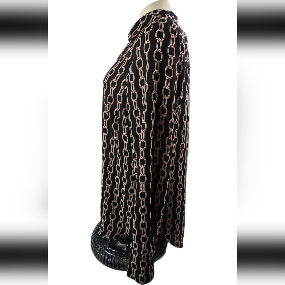 Worthington Black Gold Chain Print Button-Up Blouse Shirt Size M Long Sleeve - Picture 2 of 9